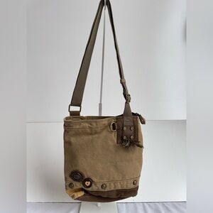 Chala Patchwork messenger Crossbody Bag canvas olive green tan wooden buttons